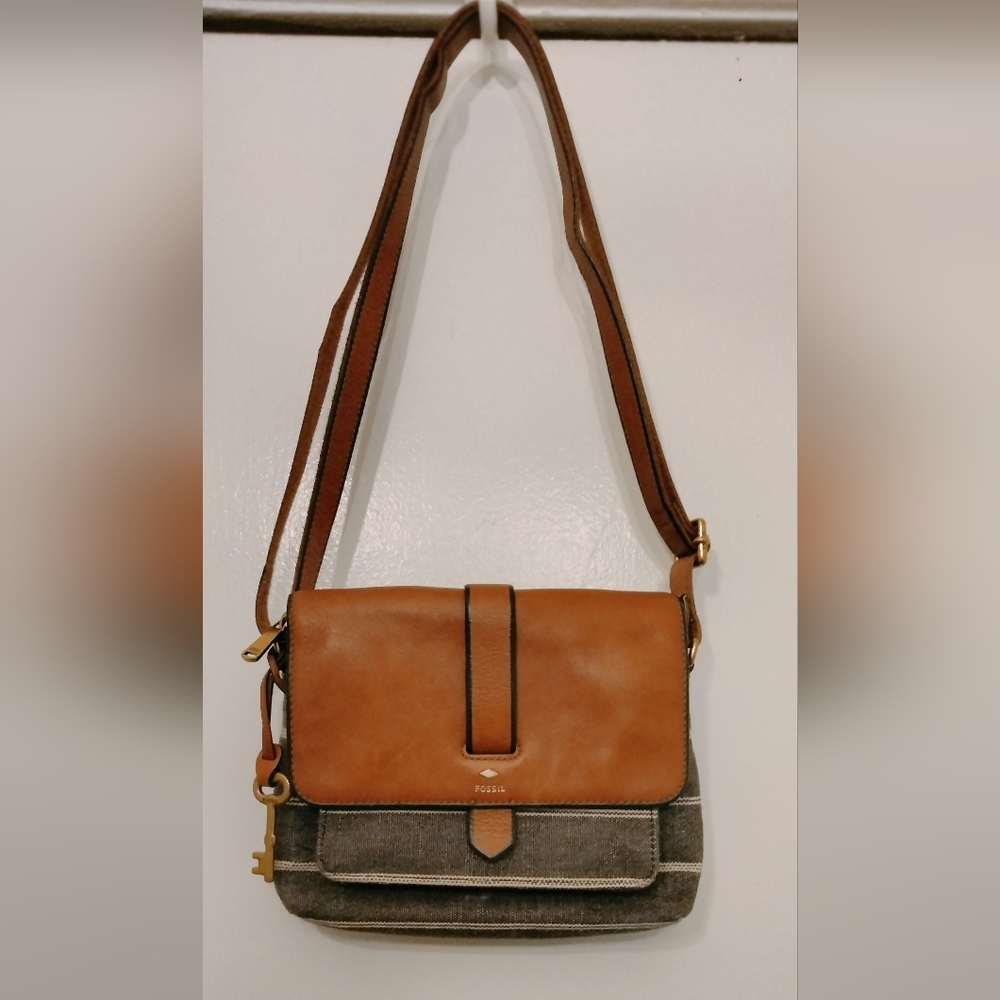 Fossil Kinley Mini Cross Body Bag. Leather / stripe denim combination